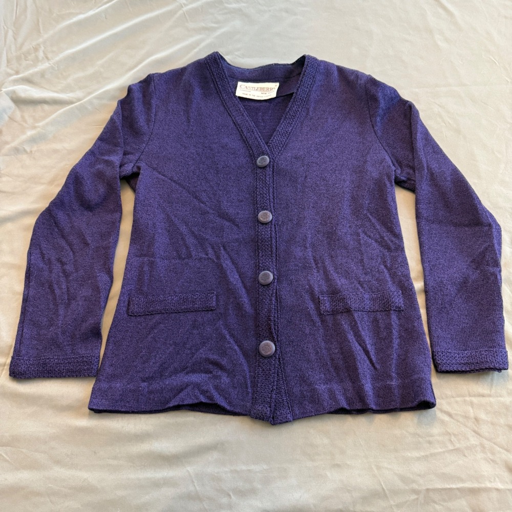 Vintage Castleberry Purple Knit Cardigan V-Neck Crest‎ Button Sweater USA Made